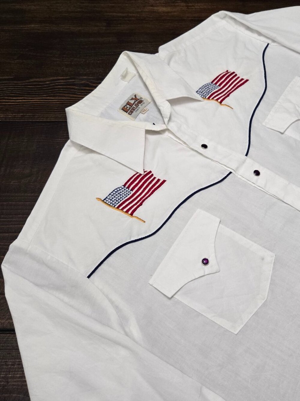 Vintage Ely Cattleman Shirt Mens XL White Pearl Snap Western Eagle USA Flag